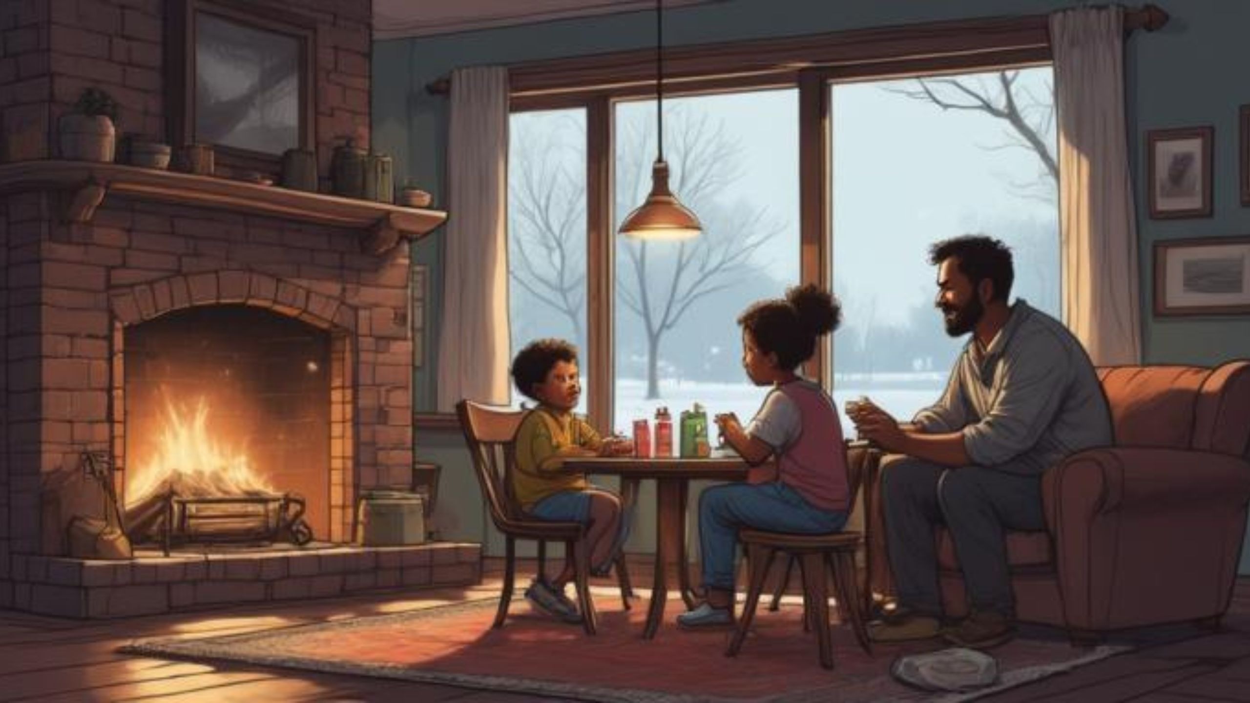 A family sits in the Pasadena MD home playing games by the fireplace