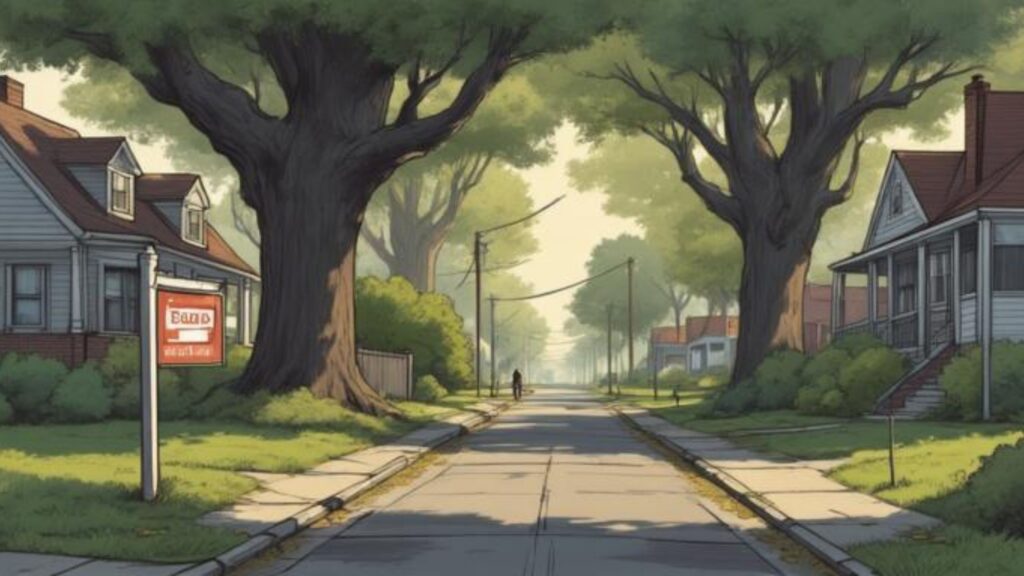 Photorealistic street-level shot of a quiet residential street in Pasadena, Maryland on a late spring evening.
