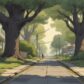 Photorealistic street-level shot of a quiet residential street in Pasadena, Maryland on a late spring evening.